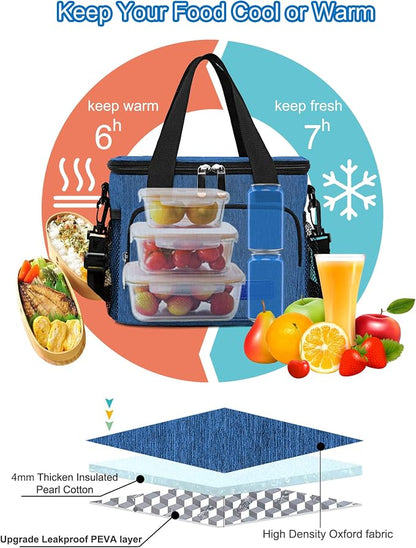 Lunch Bags for Women/Men, Insulated Lunch Bag for Work Office Picnic - Lunch Cooler Bag Leakproof Lunch Box with Adjustable Shoulder Strap - Blue