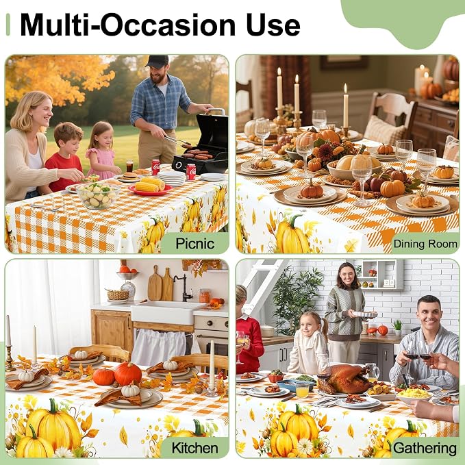 10 Packs Buffalo Disposable Table Cloth, 54 x 108 Inch Waterproof Plastic Tablecloth, Rectangle Pumpkin Orange and White Checkered Table Covers for Picnic, Birthday, Party