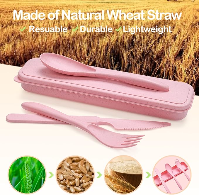 YDYTOP Reusable Travel Utensils Set with Case, 6 Sets Wheat Straw Portable Knife Fork Spoons Cutlery, Eco-Friendly BPA Free Plastic Tableware for Kids Adults School Lunch Party Picnic and Camping