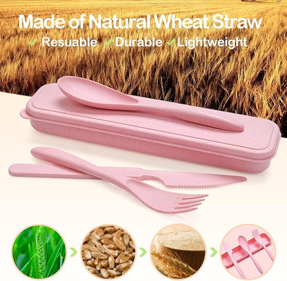 YDYTOP Reusable Travel Utensils Set with Case, 6 Sets Wheat Straw Portable Knife Fork Spoons Cutlery, Eco-Friendly BPA Free Plastic Tableware for Kids Adults School Lunch Party Picnic and Camping