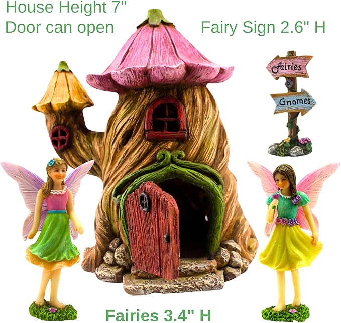 PRETMANNS Fairy House Kit - Fairy Garden Accessories for Outdoor Miniature Village Decor, with Fairies & Sign - House, 7 ‘ High & Door can Open Wide - 4 Piece Supplies