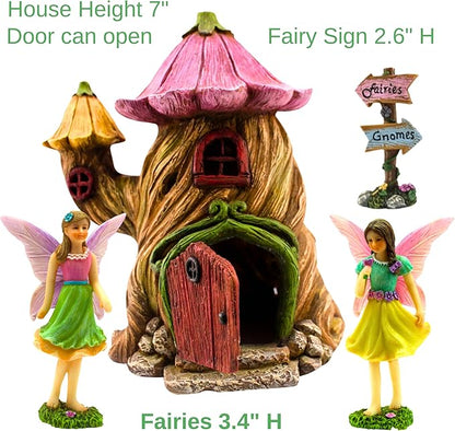 PRETMANNS Fairy House Kit - Fairy Garden Accessories for Outdoor Miniature Village Decor, with Fairies & Sign - House, 7 ‘ High & Door can Open Wide - 4 Piece Supplies