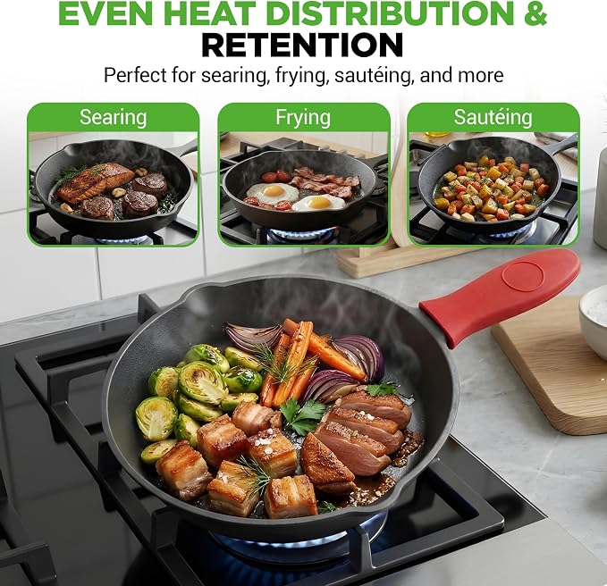 NutriChef 3pc Cast Iron Skillets - Pre-Seasoned Cast Iron Cookware with Drip Spout, Silicone Handles, For All Cooktops