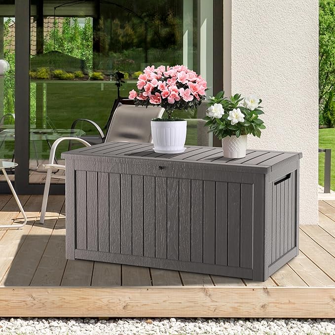 270 Gallon Waterproof Deck Box, Lockable Resin Storage Box for Patio Furniture Cushions Garden Tools and Outdoor Delivery Storage, Coffee