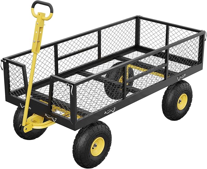 GarveeLife 900 LBS Garden Cart on Wheels with Adjustable Handles, Heavy Duty Steel Garden Wagon with Removable Mesh Sides to Convert into Flatbed, Wagon Cart for Lawn Farm Yard