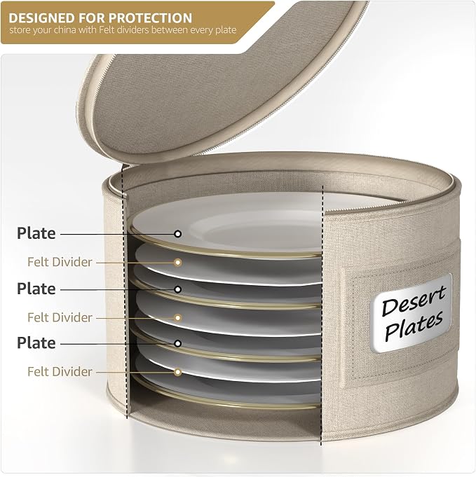 Sorbus China Storage Containers – Dinnerware Organizer for Dessert Plates with Lid (Holds Service for 12) with Felt Protectors – 7.25" x 5"