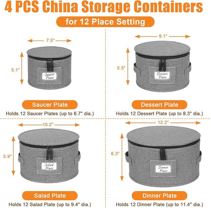 Kukikan China Storage Containers, 4 Pack Hard Shell Moving Boxes, Dish Storage Containers with Felt Dividers for Charger Plates Dinnerware, Stackable Cases for 12 Place Setting Up to 11.4" Dia.
