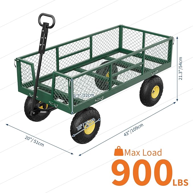 GarveeLife 900 LBS Garden Cart on Wheels with Adjustable Handles, Heavy Duty Steel Garden Wagon with Removable Mesh Sides to Convert into Flatbed, Wagon Cart for Lawn Farm Yard