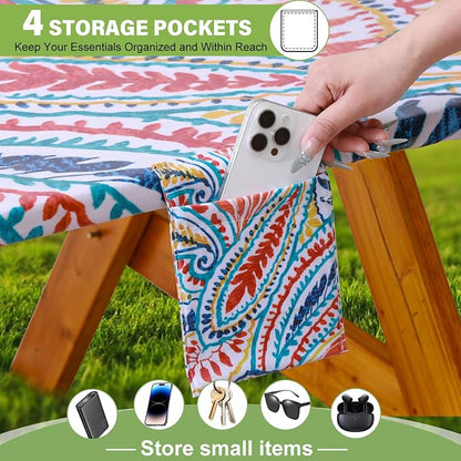 Fitted Picnic Table Cover with Bench Covers Waterproof Elastic Edges Rectangle Patio Tablecloth Outdoor Camping Essentials Stuff Rv Accessories Summer Trip Travel Supplies Party Camper Gifts, 6 ft