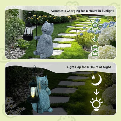 Solar Cat Garden Statues with LED Lights, Outdoor Decor for Patio Yard Balcony - Unique Housewarming Birthday Gifts for Women Mom Grandma