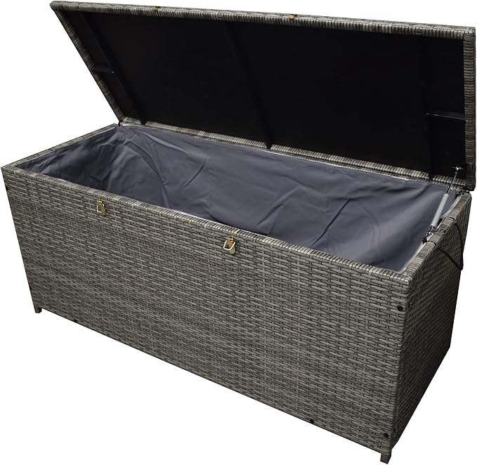 Oakland Living Grey Indoor and Outdoor Balcony Patio Deck Porch Pool 113 Gallon Wicker Storage Box Trunk Bin with Metal Frame