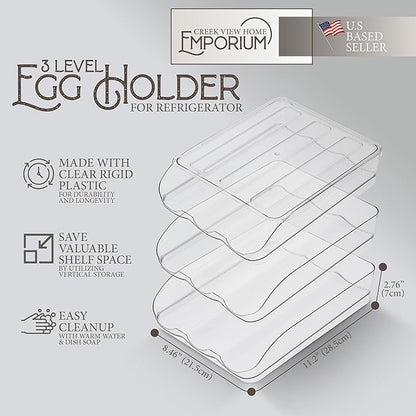 Egg Container for Refrigerator - Clear Stackable 3 Tier Plastic Egg Holder Drawer - 4 Dozen Capacity Farm Eggs Organization Storage Trays for Fridge or Kitchen Counter