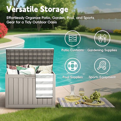 Outdoor Storage Box, 50 Gallon Deck Box Waterproof, Resin Patio Storage Bin for Package Delivery, Patio Furniture Cushion, Garden Tools, Pool Accessories, Weatherproof, Grey