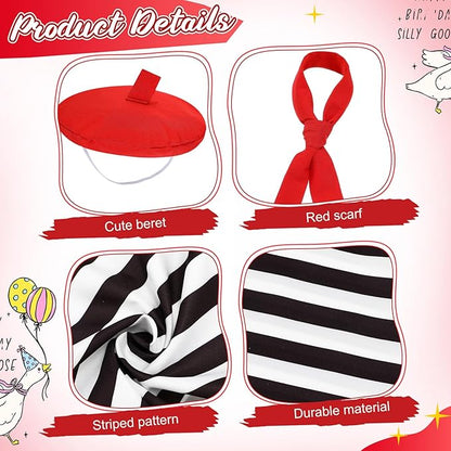 French Look Porch Goose Outfit Set for Cement Lawn Artist Hat Beret Red Scarf Black White Striped for Outdoor