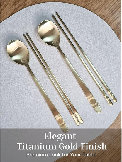ONGI Korean Spoon and Chopstick 1 Set – Premium 18/10 Titanium Gold – Double Happiness Design – Gift-Ready – Made in Korea – Dishwasher Safe (Hee Pattern Gold 1 Set)
