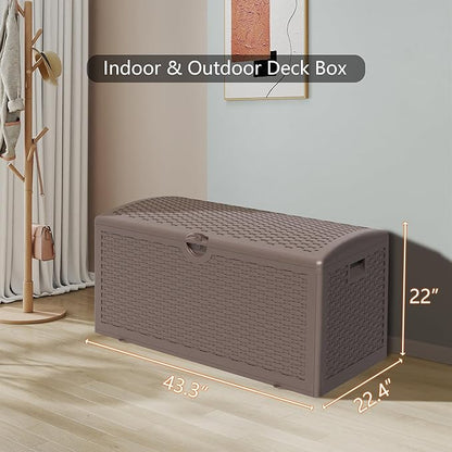 80 Gallon Pro Resin Deck Box, Waterproof Outdoor Storage Bin for Patio, Poolside, and Garden, Lockable & UV-Resistant,Brown