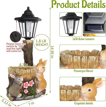 Solar Bunny Garden Stalue Outdoor, Rabbits Figurine Flowerpot Decolwith Solar Lantem for Yard Art Lawn Ornaments Porch Patio Balcony - Gardening Gifts for Women Mom