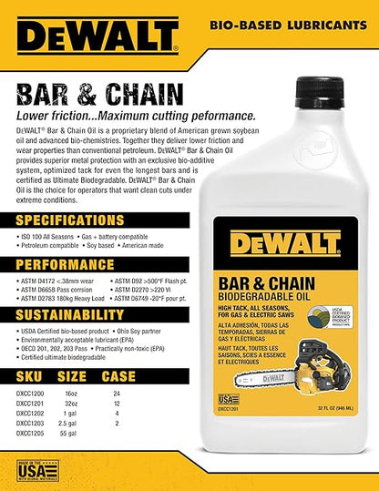 DEWALT – Biodegradable Bar & Chain Oil – Green, Eco-Friendly, Non-Toxic Professional Bar & Chainsaw Lubricant – Ultraclean All-Season Oil for Gas, Electric Saw, and Pole Saw, 32 oz