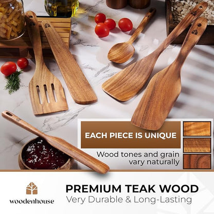 Wooden Spatula for Cooking, Teak Set of 6 for Non-Stick & Cast Iron | Includes Turner, Scraper, Slotted, Frying Tools, Jar Scraper & Spoonula – Scratch-Free, Easy to Clean