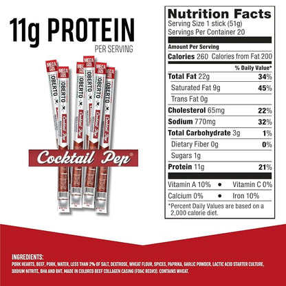 Oberto Classics Cocktail Pep Smoked Sausage Mega Size, Oh Boy! Oberto Beef & Pork Sausage XL Meat Stick, Peperoni Style Protein Snacks, 1.8 Ounce (Pack of 20)