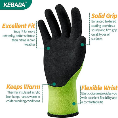 Kebada T3 Winter Work Gloves for Men and Women, Warm Knit Cold Weather Work Gloves, Thermal Insulated Freezer Gloves, 100% Latex Coating Non-slip Grip, Long Wrist Design, 1 Pair, Green, Medium