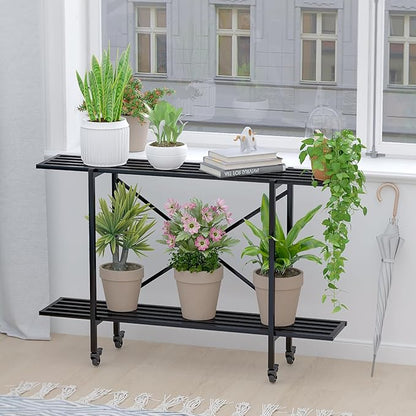 Zhongma 2 Tier Metal Sturdy Narrow Plant Stand with Wheels, Plant Stand Indoor and Outdoor, L45.67 x W10.3 x H29.9 inch, 440 LBS Capacity & Heavy Duty Construction.