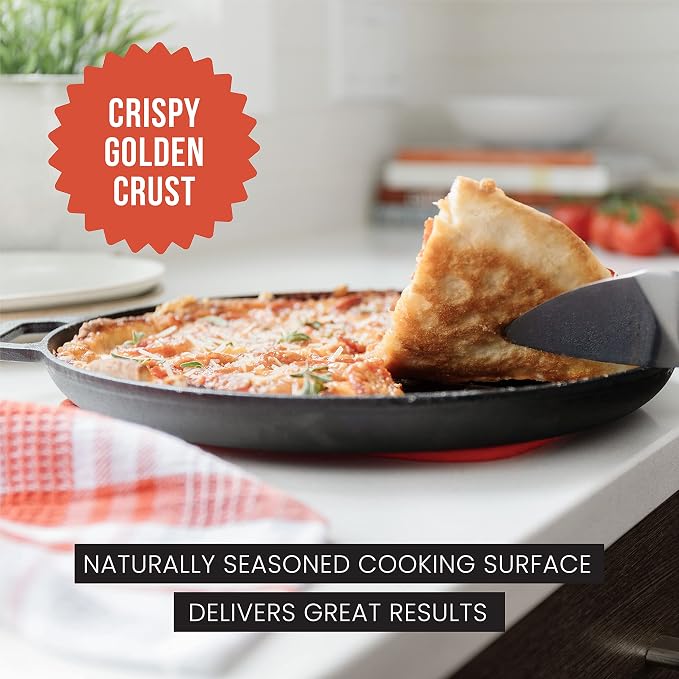 Chef Pomodoro Cast Iron Pizza Pan, 12 Inch, Pre-Seasoned Non-Stick Skillet | Multi-Use Cast Iron Cookware for Dosa Tawa, Roti, Tortilla Comal, Crepes, Oven, Grill, BBQ, and Campfire Cooking
