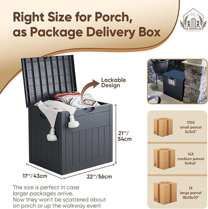 33 Gallon Deck Box, Small Outdoor Storage Box Waterproof, Lockable Secure Package Bin Delivery Box for Outside Front Porch, Patio Cushions Storage Box, Delivery Driver Snack Box for Porch, Grey
