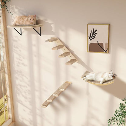 Cat Wall Shelves Set with Sisal Cats Window Perch, 4 Piece Wood Climbing Furniture with Curved Sisal Bed, Flat Shelf & Two Wall-Mounted 4 Steps Cat Stairs