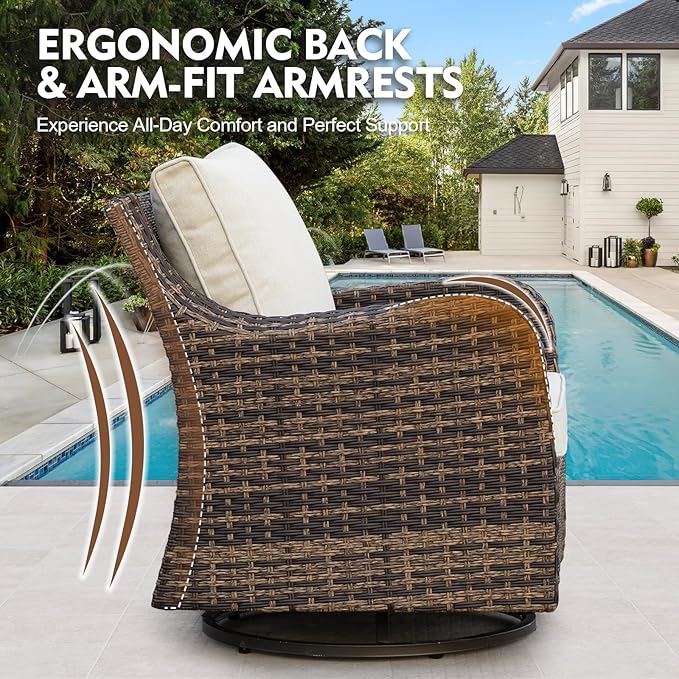 MEISSALIVVE 7 Pieces Patio Furniture Set with 43" Fire Pit Table, Wicker Patio Conversation Set with Swivel Rocking Chairs, Outdoor Patio Set for Lawn Backyard Porch (Brown)