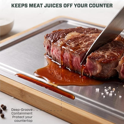 Pure Titanium Cutting Board with Bamboo, Double Sided, Microplastic Free | Knife friendly, Non-Porous, Juice groove, Handles, Chicken, Fish, Steak Cutting Board, Non-Slip, Hand Wash Easily 16x12"