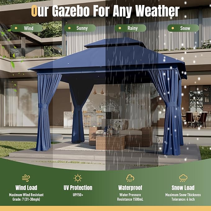 AOXUN Outdoor Gazebo for Patio 10x12, Metal Frame Canopy with Double Roofs, Heavy Duty Party Tent and Shelter with Mosquito Netting and Privacy Screen for Backyard, Lawn, Garden, Deck