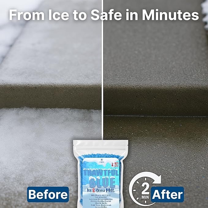 Thawtful Blue Ice & Snow Melt – Snow Melt, Rock Salt, Driveway & Sidewalk Salt for Ice, Blue Granular Rock Salt, Melts to −16°F (−27°C) – Resealable Zip Bag (2 QUARTS - 4.2 lb.)
