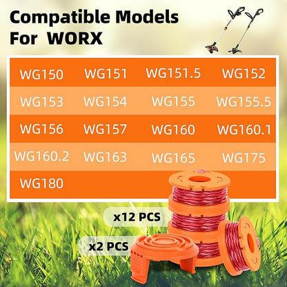Trimmer Spool Line for Worx 14 Pack WA0010 Edger Spools Replacement for Worx Weed Eater String Suitable for Worx String Trimmers(12 Grass Trimmer Line, 2 Trimmer Cap)