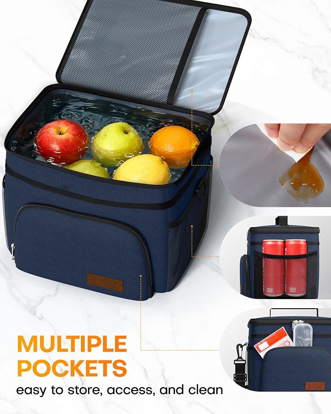 HOTOR Insulated Lunch Box Men Women Leak-Proof Cooler Lunch Bag 9L | 4 Pockets, Adjustable Strap, Ideal for Work, Picnic, Travel, Camping, Gift, Navy Blue