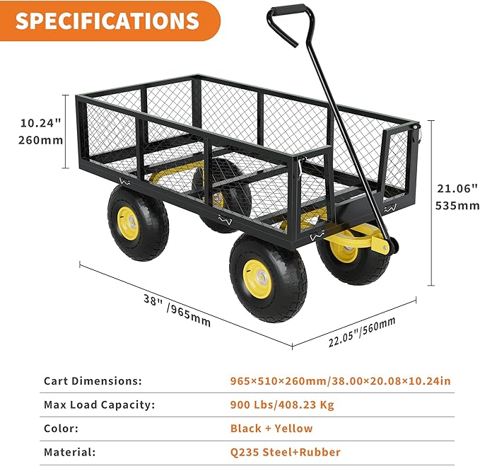900 Lbs Garden Wagon, 2-in-1 Heavy-Duty Steel Garden Cart, with 10 Inch All-Terrain Tires and Removable Mesh Side Panels, 180° Rotating Handle, Metal Multi-Function Carts, Outdoor Gardens Wagon Cart