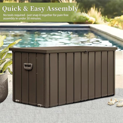 100 Gallon Outdoor Deck Box Lockable Metal Indoor Outdoor Storage Container with Side Handle, Waterproof Storage Box with Rolling Castors for Patio Garden Tools, Pools Equipment, Cushions, Brown