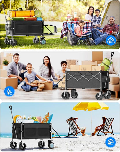 Electric Utility Wagon Cart–330 lb Load, 180 L Foldable Beach Wagon with Remote, 4-Speed, All-Terrain Wheels for Camping, Beach, Garden & Shopping, Black