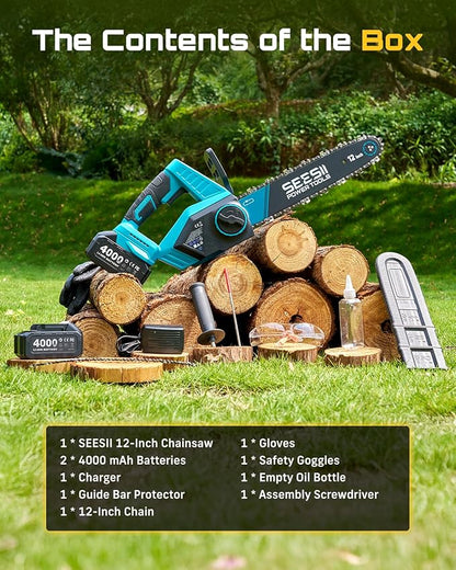 SEESII Chainsaw Cordless 12-inch, Handheld Chain Saw with 2 * 4.0Ah Batteries, Electric Saw with Tool-free Chain Tension, Auto Oiling for Wood Cutting Trimming Branch