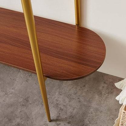Oval Glass Console Table for Living Room, Foyer & Entrance, 2-Tiers Mid-Century Modern Sofa Table with Amber Glass Top, Walnut Finish Wood Top and Gold Finish Metal Frame
