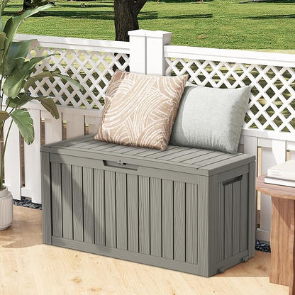 72 Gallon Outdoor Storage Box, Waterproof Deck Box with Handles and Lockable Lid, Resin Patio Storage Box with Hydraulic Rods for Garden Tools, Cushions, Grey