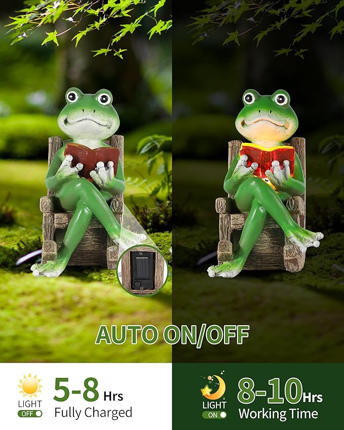 iStatue Miniature Solar Frog Reading Book Figurine Light - 5.5'' Resin Chair Statue Outdoor Table Decor for Lawn Ornaments, Patio, Yard & Garden and Home