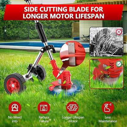 Electric Weed Wacker Cordless with Wheels,21V 2×2000mAh Weed Eater Battery Powered, 6-inch Cordless String Trimmer with 3 Types of Blades, Electric Grass Trimmer,Lawn Edger, Mower for Yard,Garden