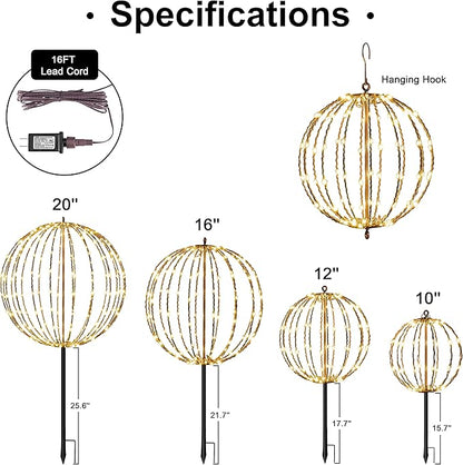 LIGHTSHARE 20IN 200LED Light Ball Yard Decoration Pathway Lights Sphere Light Fold Flat Metal Frame Indoor Outdoor Waterproof Garden Lights, Brown Frame / Warm White Lights