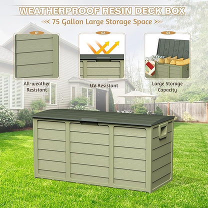 75 Gallon Outdoor Deck Box - Heavy Duty Resin Storage with Lockable Lid, UV Resistant for Patio Furniture Cushions, Pillows (Green)