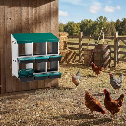 Metal Chicken Nesting Box,6 Compartment Nesting Box for Laying Eggs,Cleanable Pull Out Hen Roosting Boxes,Wall Mount Chicken Brooder Boxes,with Perch,for Hens Gooses Ducks Poultry Farms (Green)