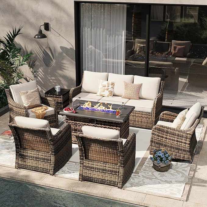 MEISSALIVVE 7 Pieces Patio Furniture Set with 43" Fire Pit Table, Wicker Patio Conversation Set with Swivel Rocking Chairs, Outdoor Patio Set for Lawn Backyard Porch (Brown)