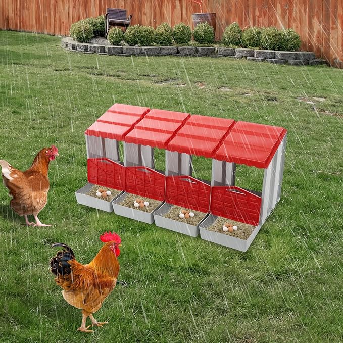 Chicken Nesting Boxes 4 Compartment PP Nesting Box with Inclined Nesting Boxes & Vented Holes Wall Mount Chicken Laying Boxes for Chicken Coop (Red)