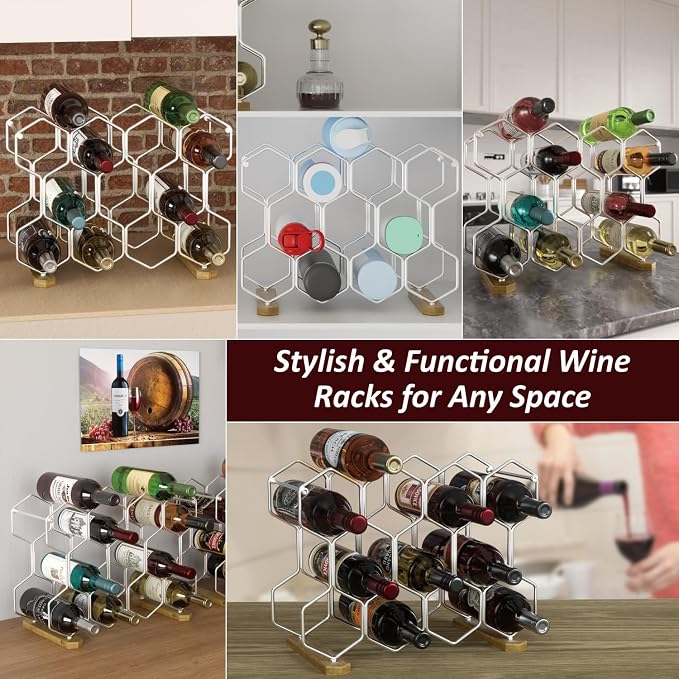Buruis Countertop Wine Rack with Acacia Base, 14-Bottle Modern Freestanding Metal Holder for Red and White Wine, Tabletop, Kitchen, Bar, and Cabinet Storage (Chrome)