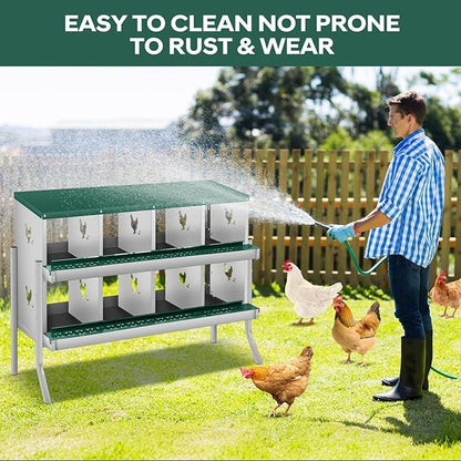 Nesting Boxes for Chickens, 8 Compartments, Nesting Boxes with 4 Dummy Eggs and 10 Dampproof Pets Mats, Green, Stainless Steel, Wall-Mountable & Roll Away Design with Stand
